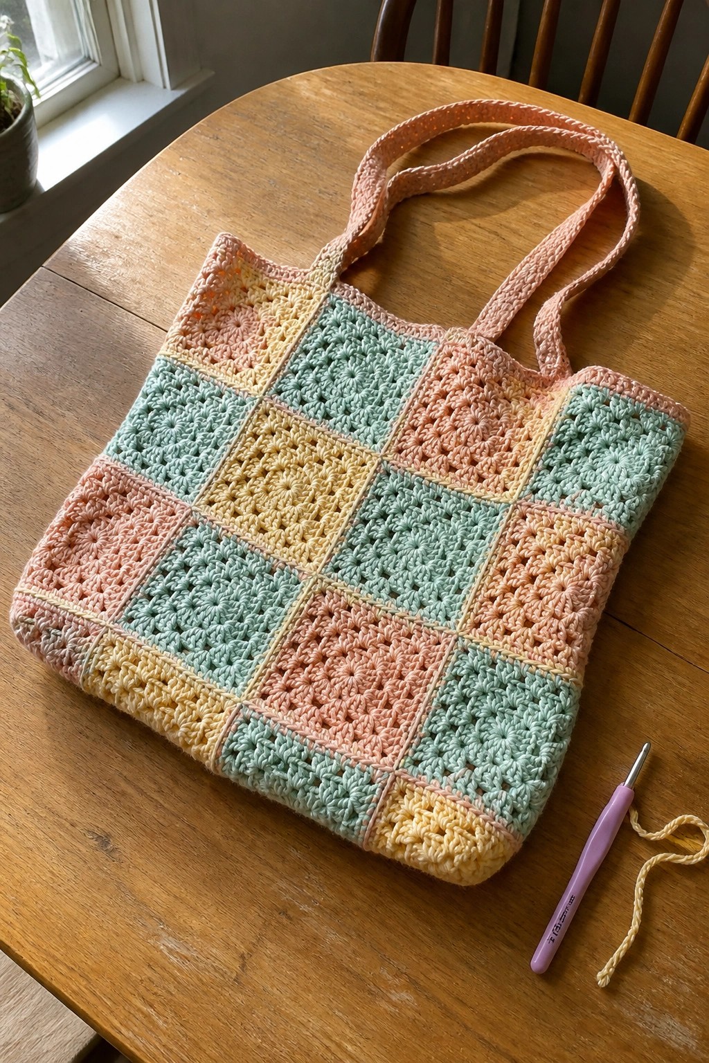 Pastel granny square crocheted tote bag on wooden table with hook.