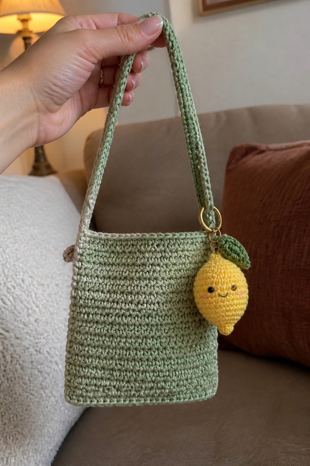 Hand holding sage green crocheted bag with smiling yellow lemon charm.