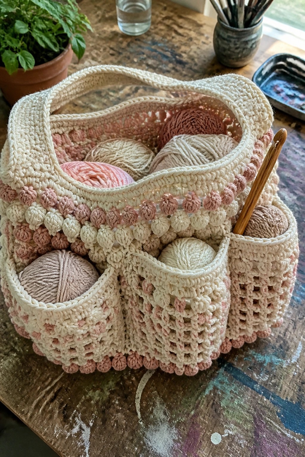 Crocheted cream basket with pink pom-poms holding pastel yarn balls and hook