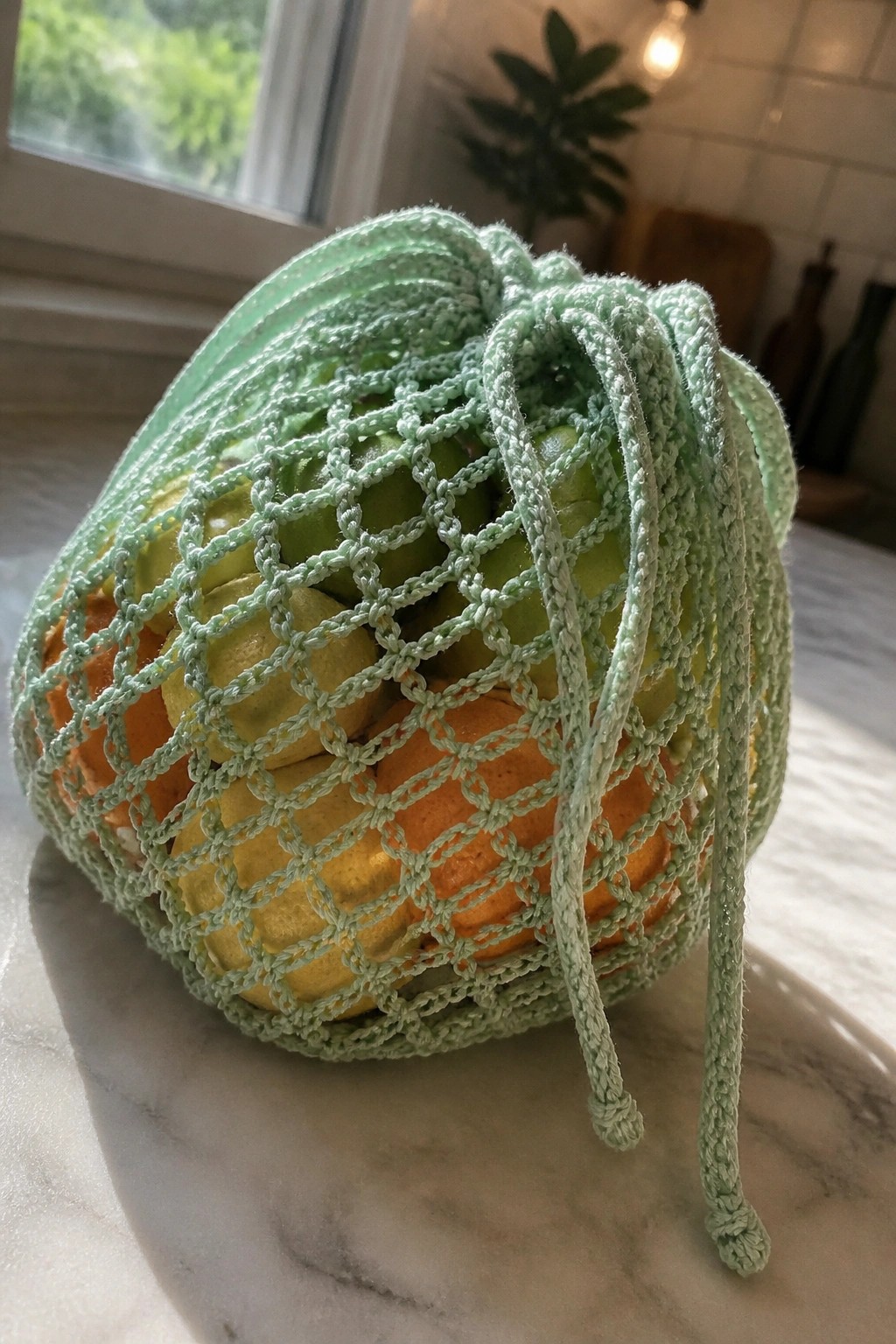 Light green mesh bag of oranges and lemons on marble kitchen counter