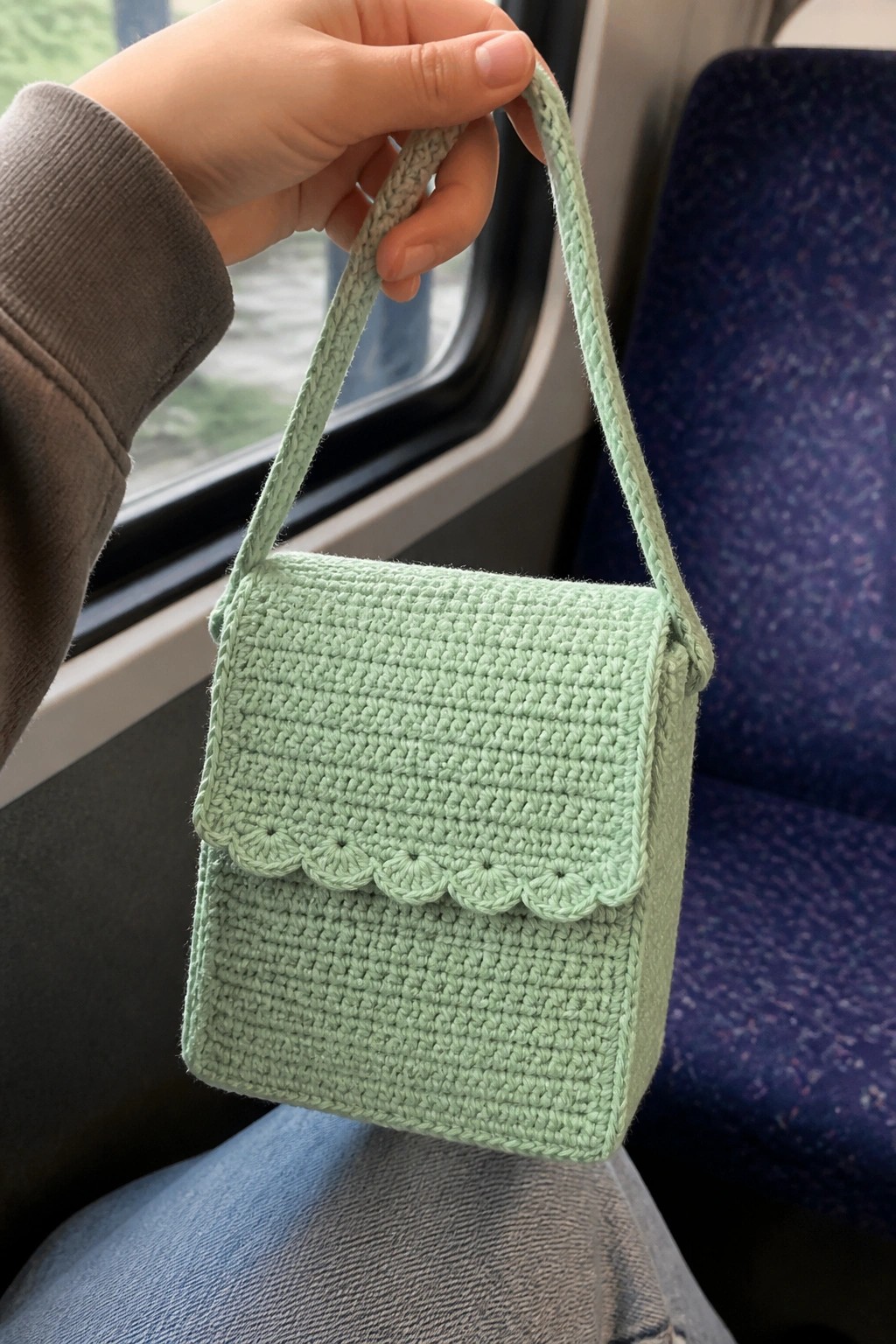 Gray-sleeved hand holding mint green crocheted bag with scalloped flap on train.