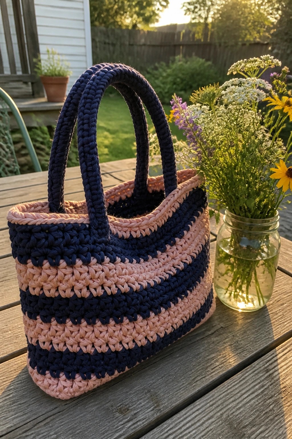 Crocheted navy and pink striped handbag beside wildflower-filled mason jar on wooden table