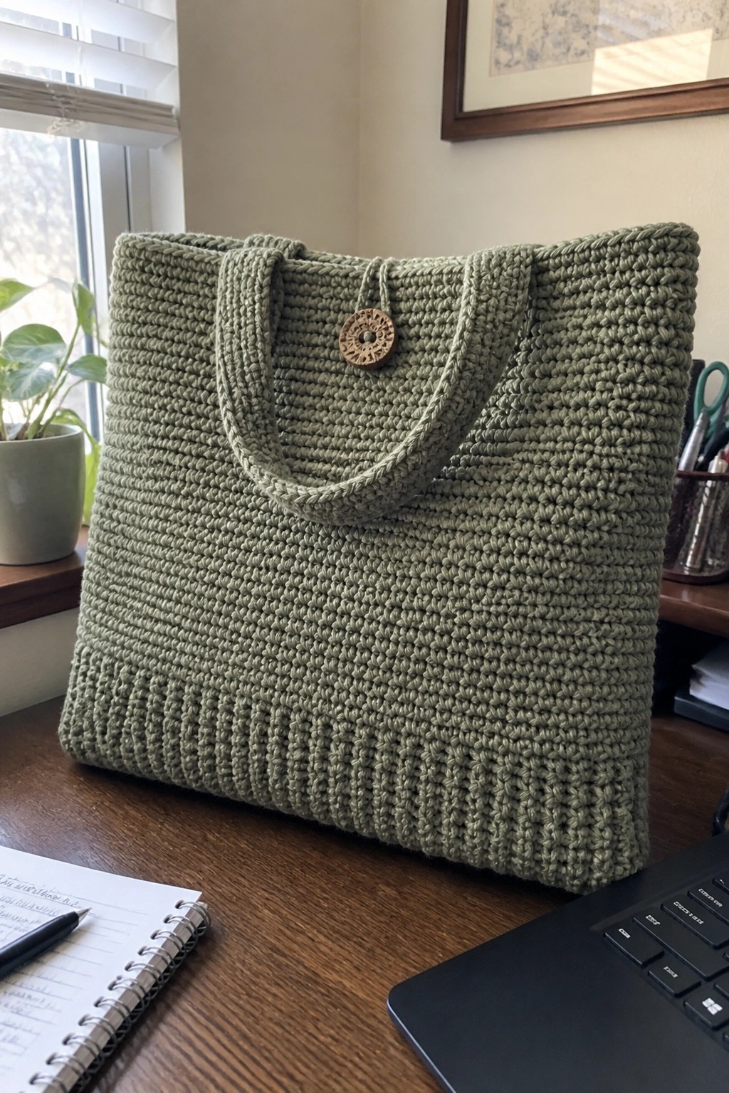 Sage green crocheted tote bag with wooden button on wooden desk