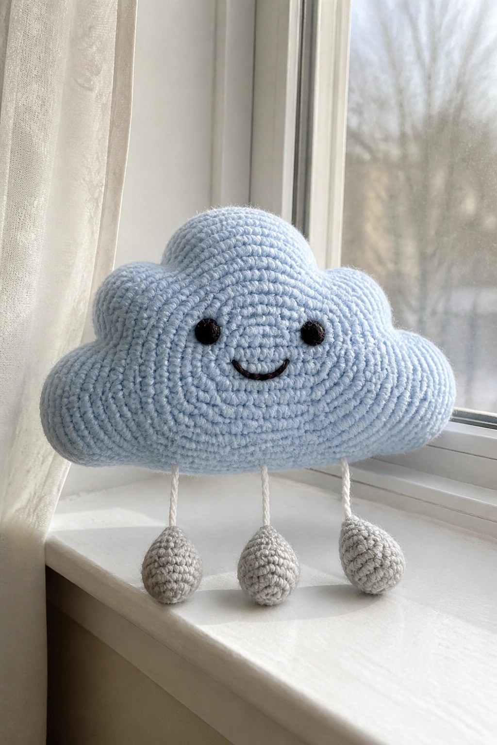 Light blue crocheted cloud with smiling face and three dangling gray raindrops on windowsill