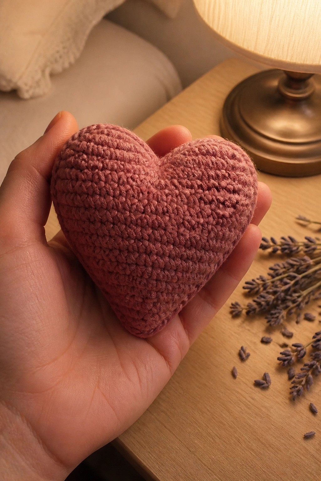 Hand holding a dusty rose crocheted heart on a wooden table with lamp and lavender