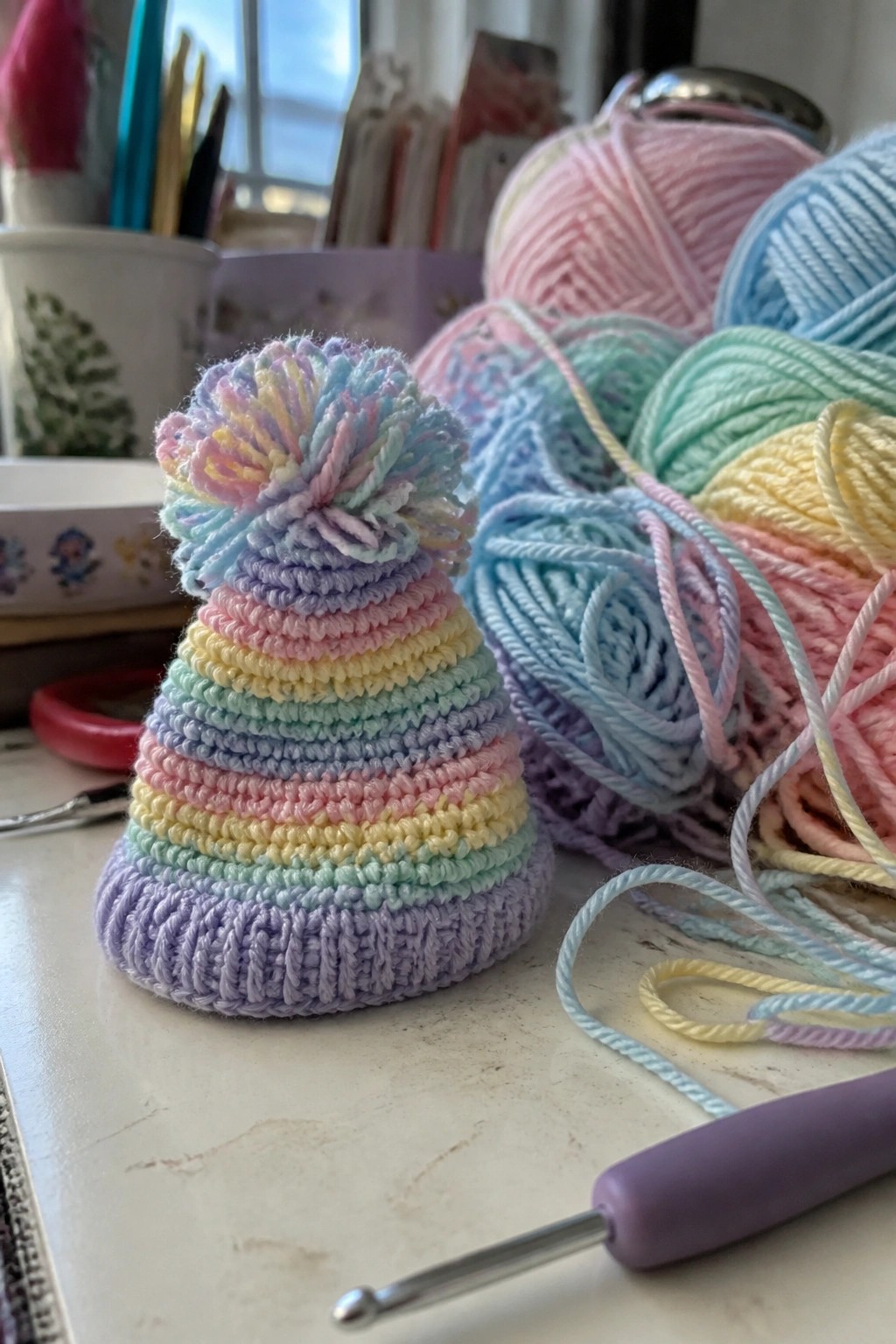 Rainbow crocheted beanie with pom-pom beside pastel yarn and hook