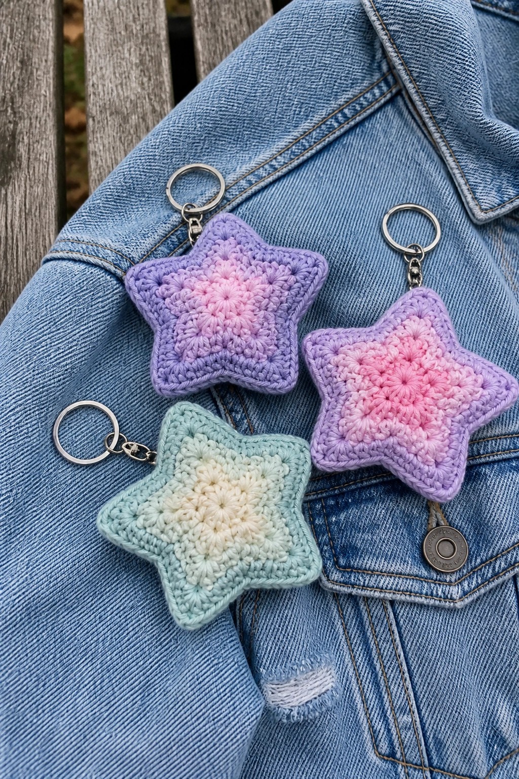 Three pastel crocheted star keychains on a blue denim jacket.