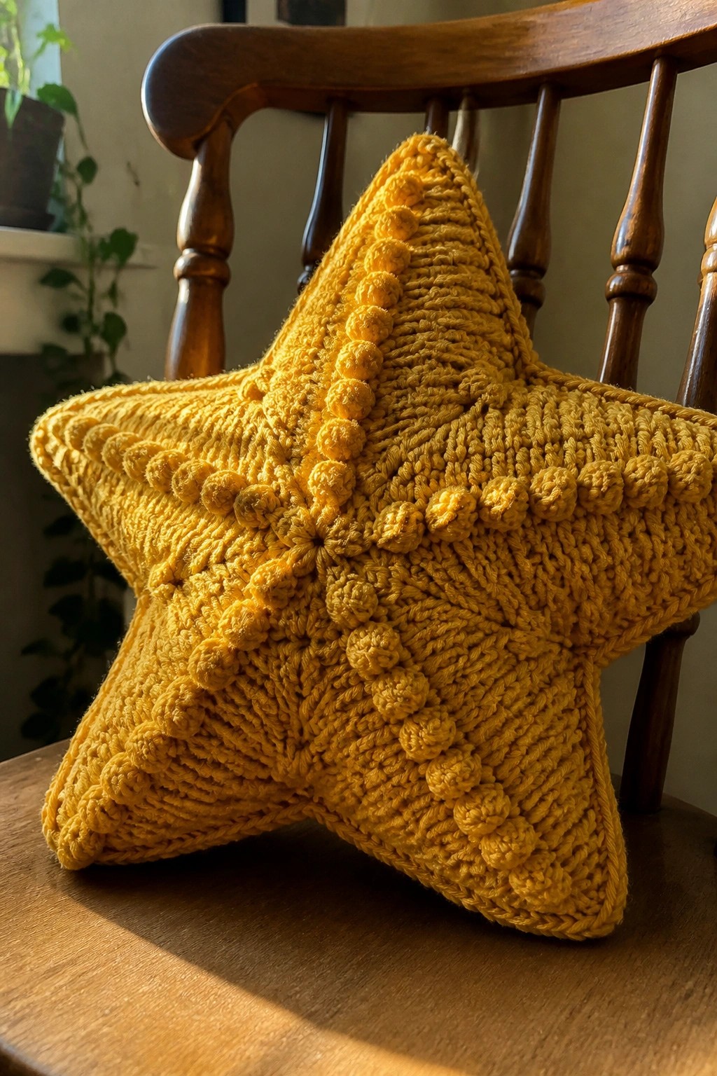 Yellow crocheted star pillow with bobble details on wooden chair