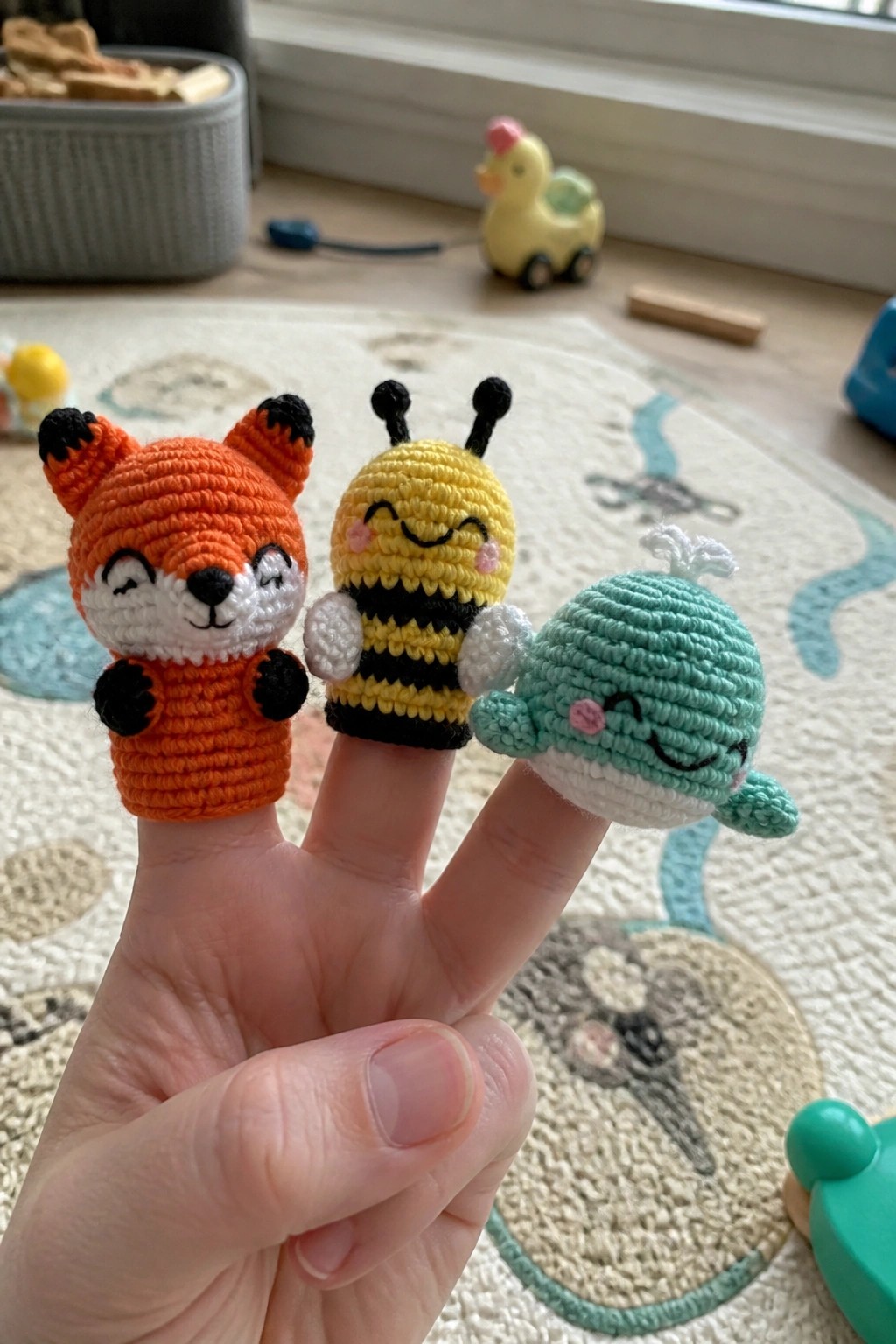 Hand with crocheted orange fox, yellow bee, and teal whale finger puppets.