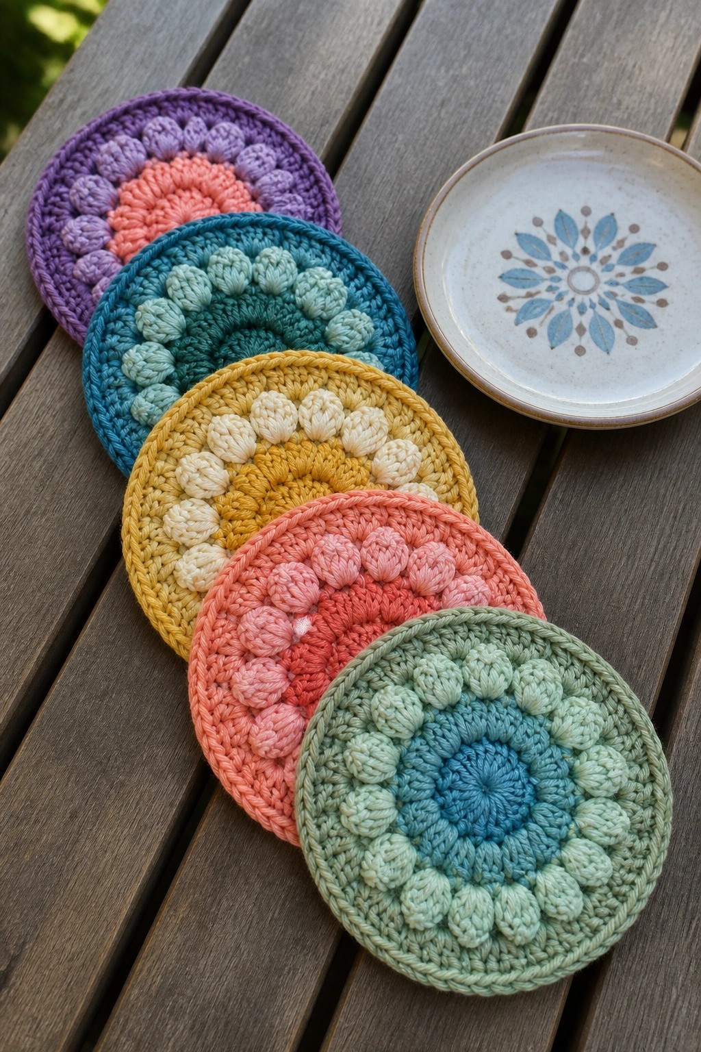 Rainbow crocheted coasters with bobble stitches on wooden table beside decorative plate