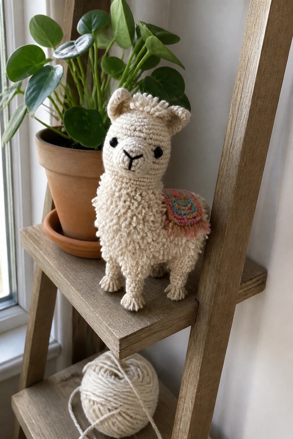 Crocheted white llama with colorful blanket on wooden shelf beside potted plant and yarn ball