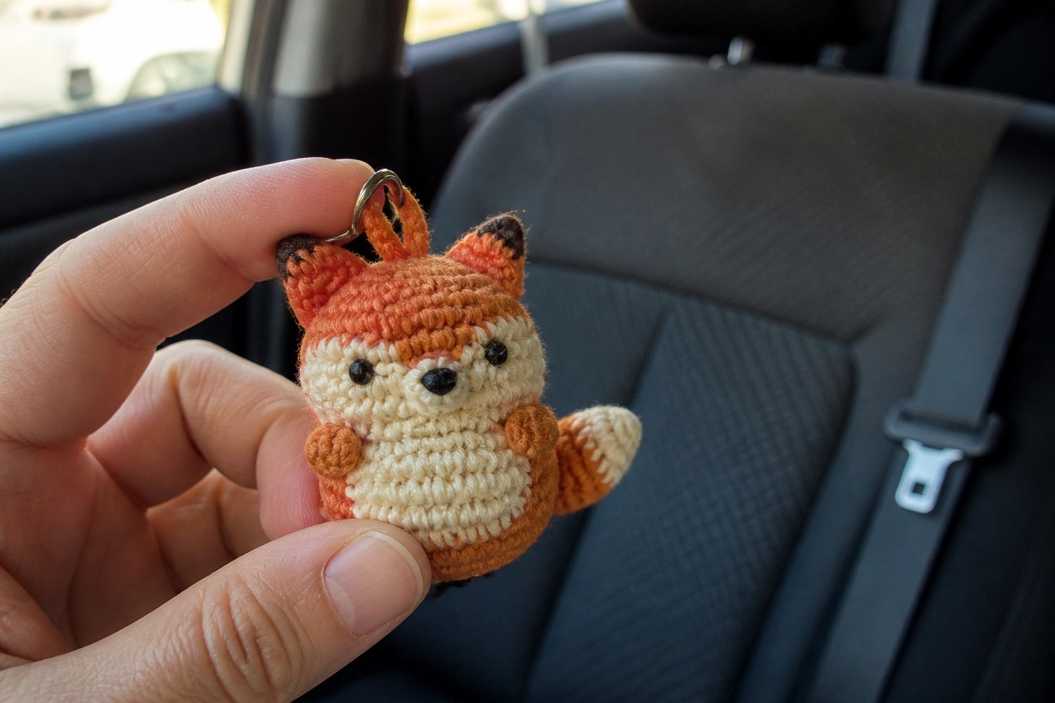 Hand holding a crocheted orange fox keychain with metal ring in a car