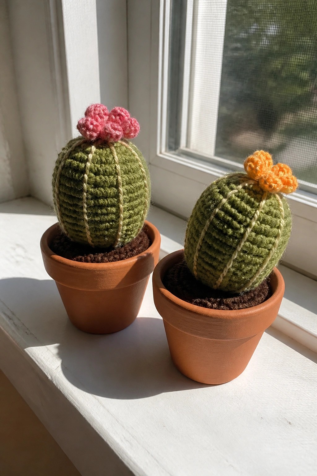 Two crocheted green cacti with pink and orange flowers in terracotta pots on a windowsill.