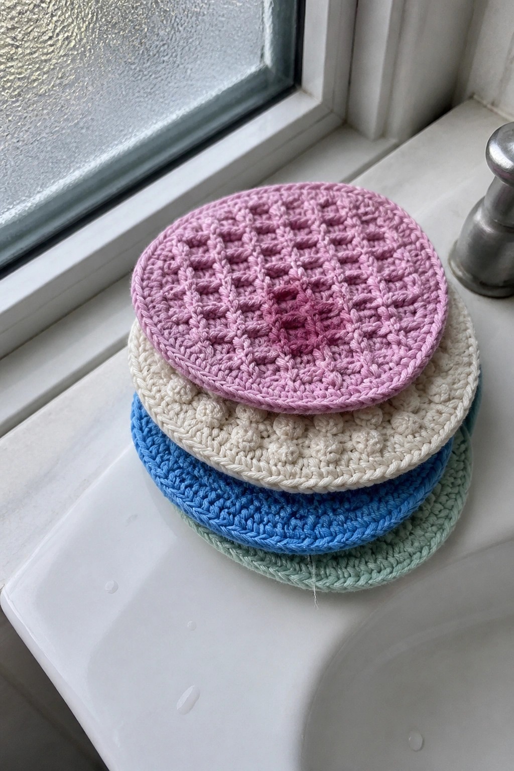Stack of colorful crocheted rounds on a white bathroom sink by a window