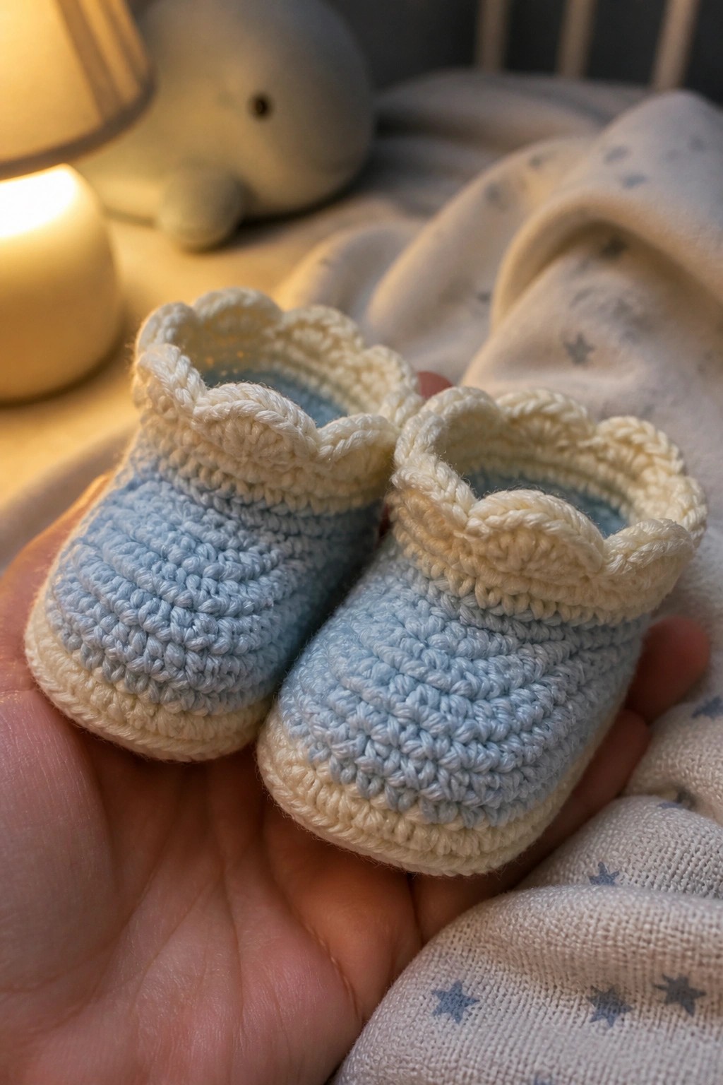 Hand holding tiny blue and white crocheted baby booties beside plush whale.