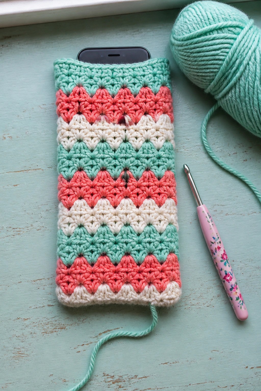 Chevron crochet phone sleeve with mint yarn ball and floral hook on wood.