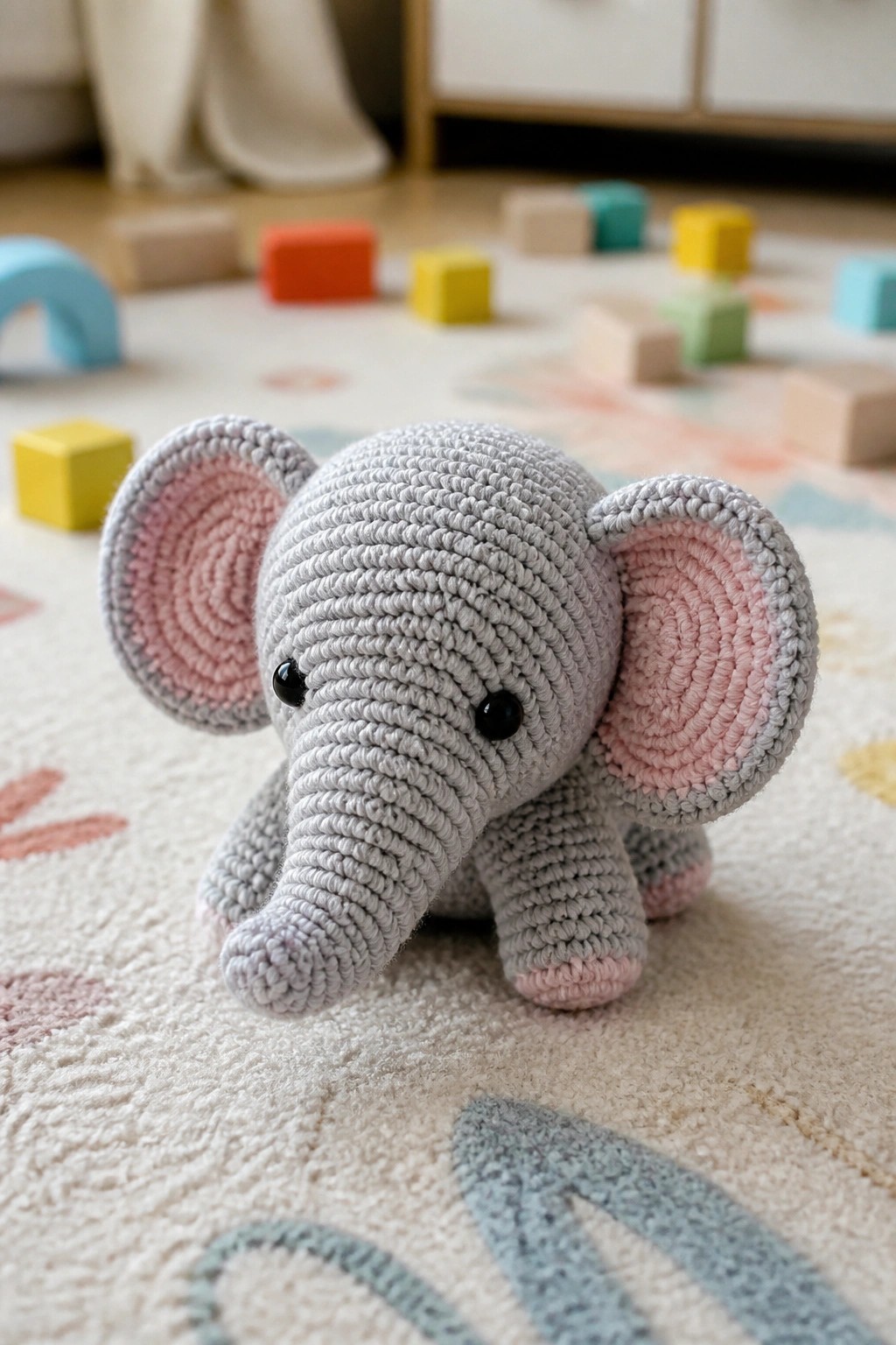 Gray crocheted elephant toy with pink ears on patterned nursery rug