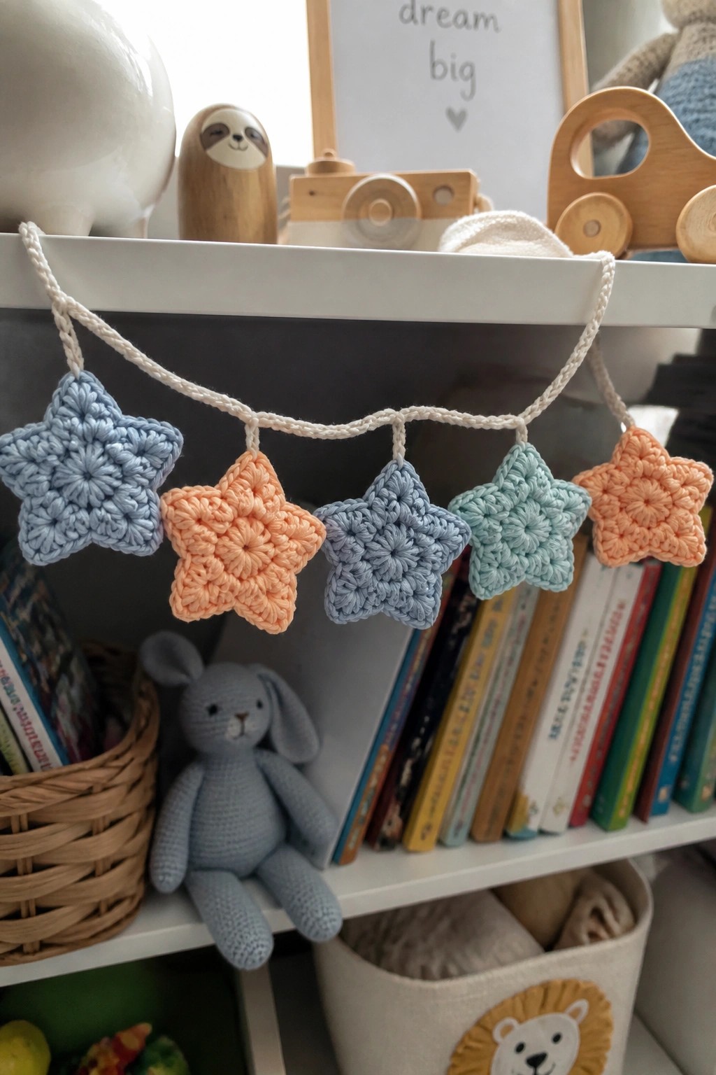 Pastel crocheted star garland on white shelf above bunny, books, and toys