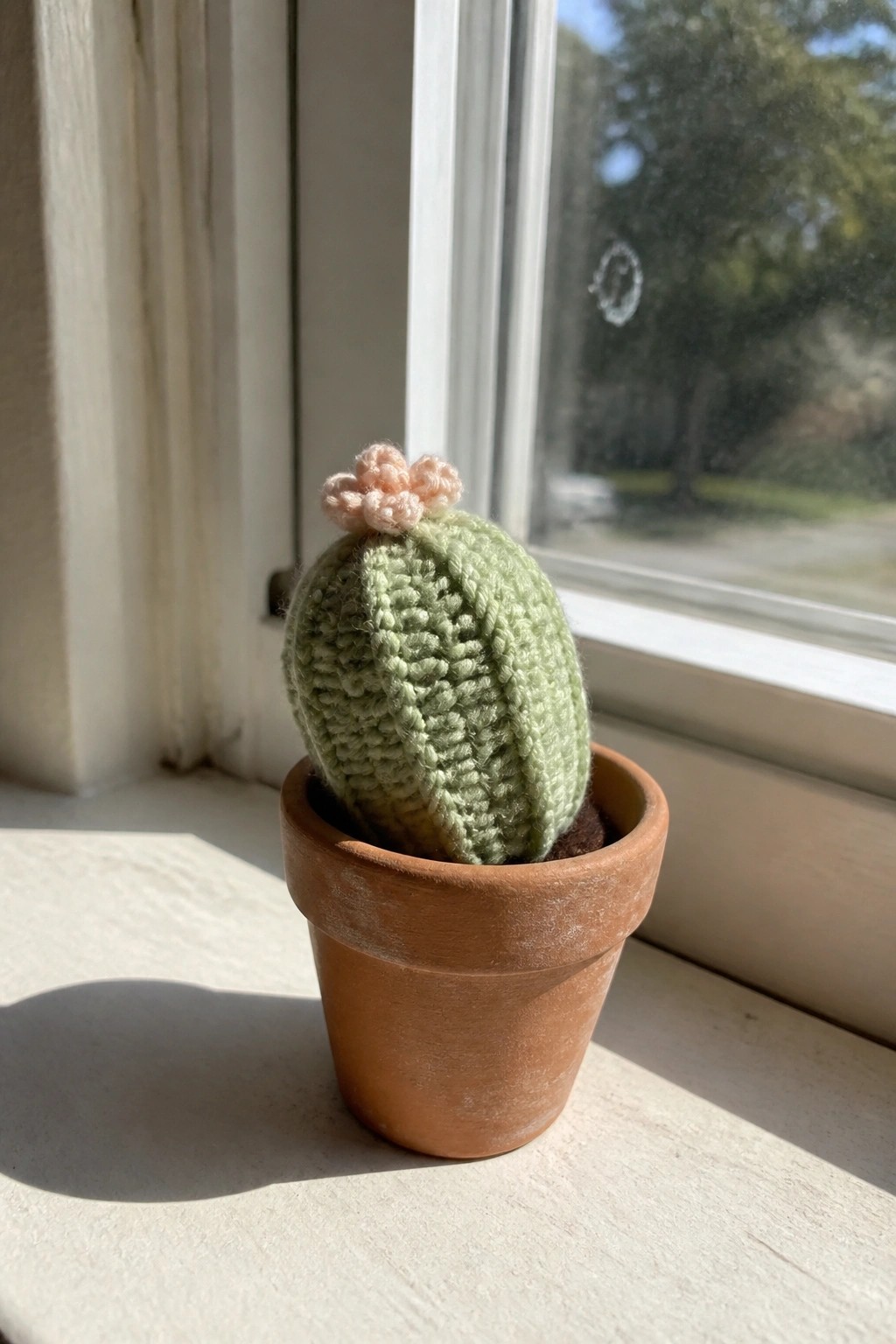 Green crocheted cactus with pink flower in terracotta pot on sunny windowsill.