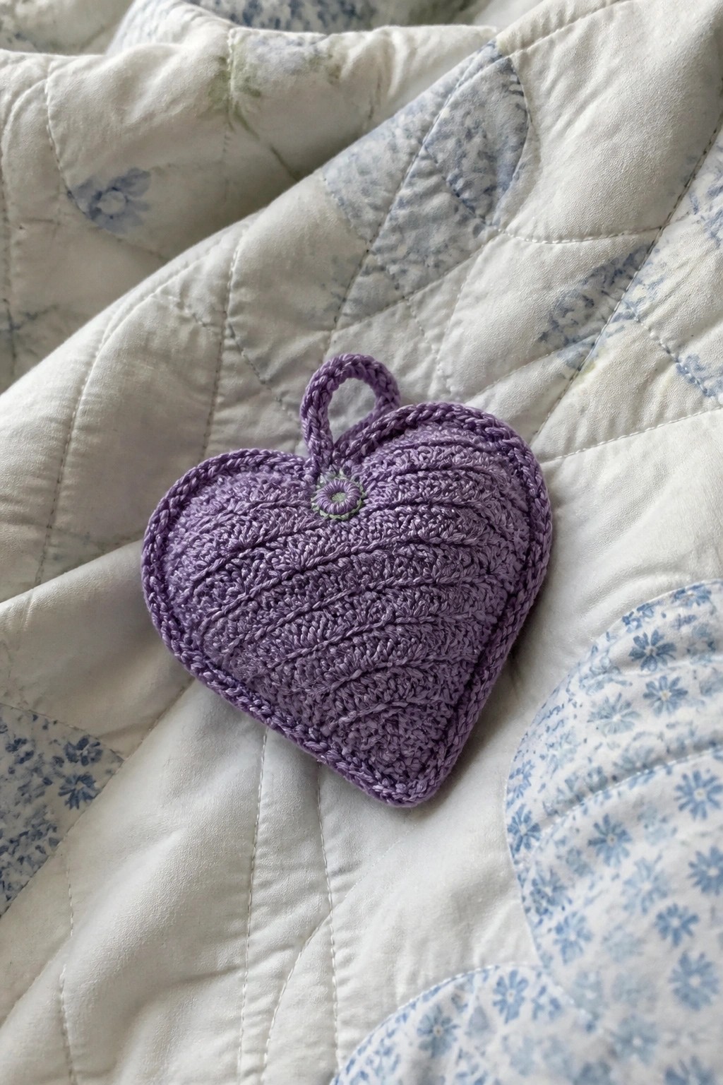 Purple crocheted heart with loop on white quilted fabric with blue flowers.