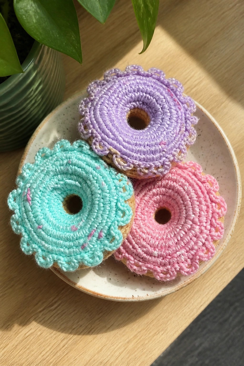 Three colorful crocheted donut shapes on a speckled plate with a plant nearby