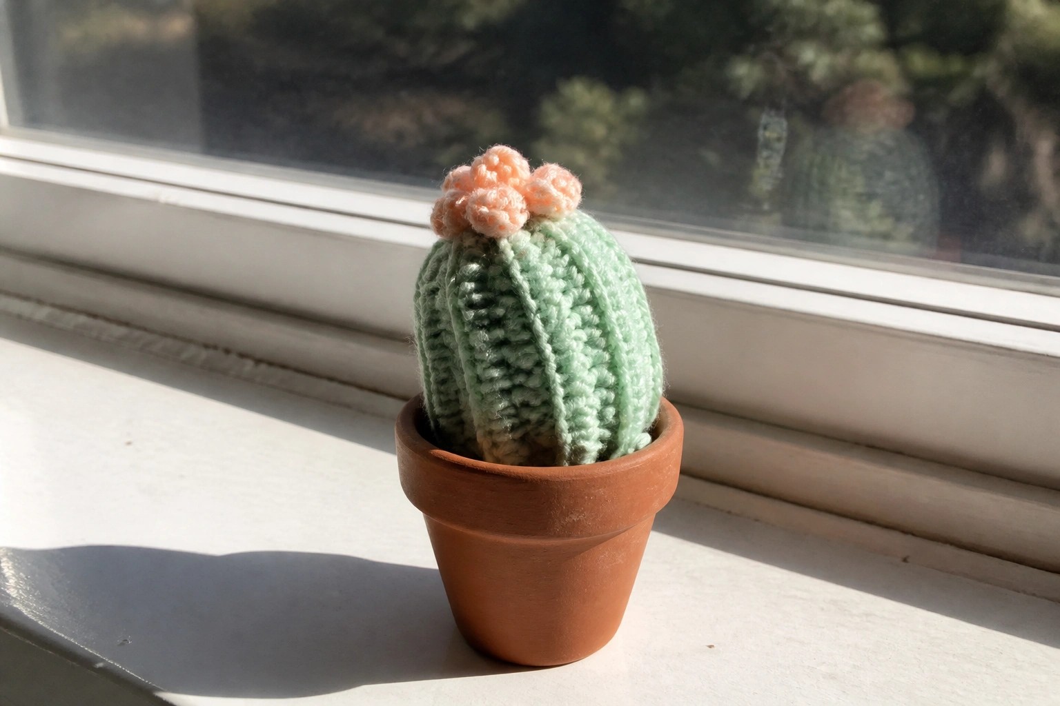 Green crocheted cactus with pink flower in terracotta pot on sunny windowsill.