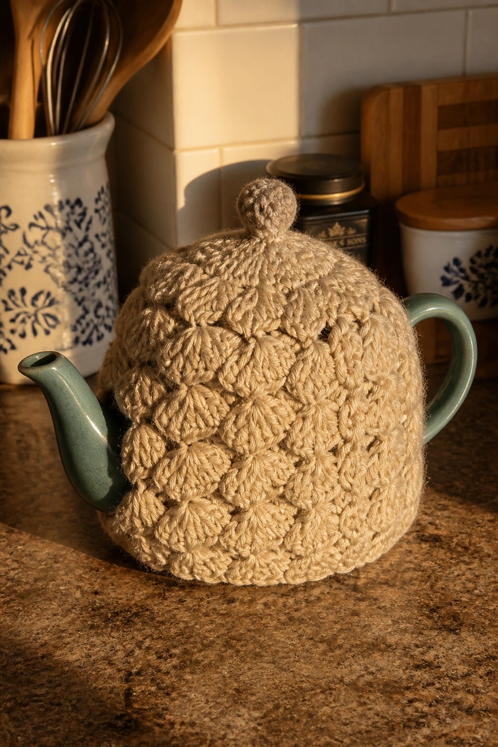 Beige knitted tea cozy on a teal ceramic teapot in a sunlit kitchen.