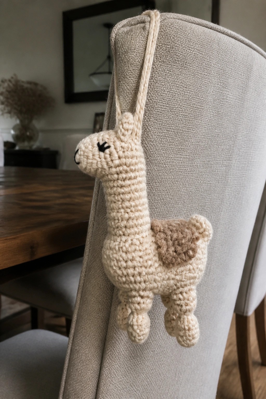 Crocheted cream llama with closed eyes draped over gray upholstered chair.