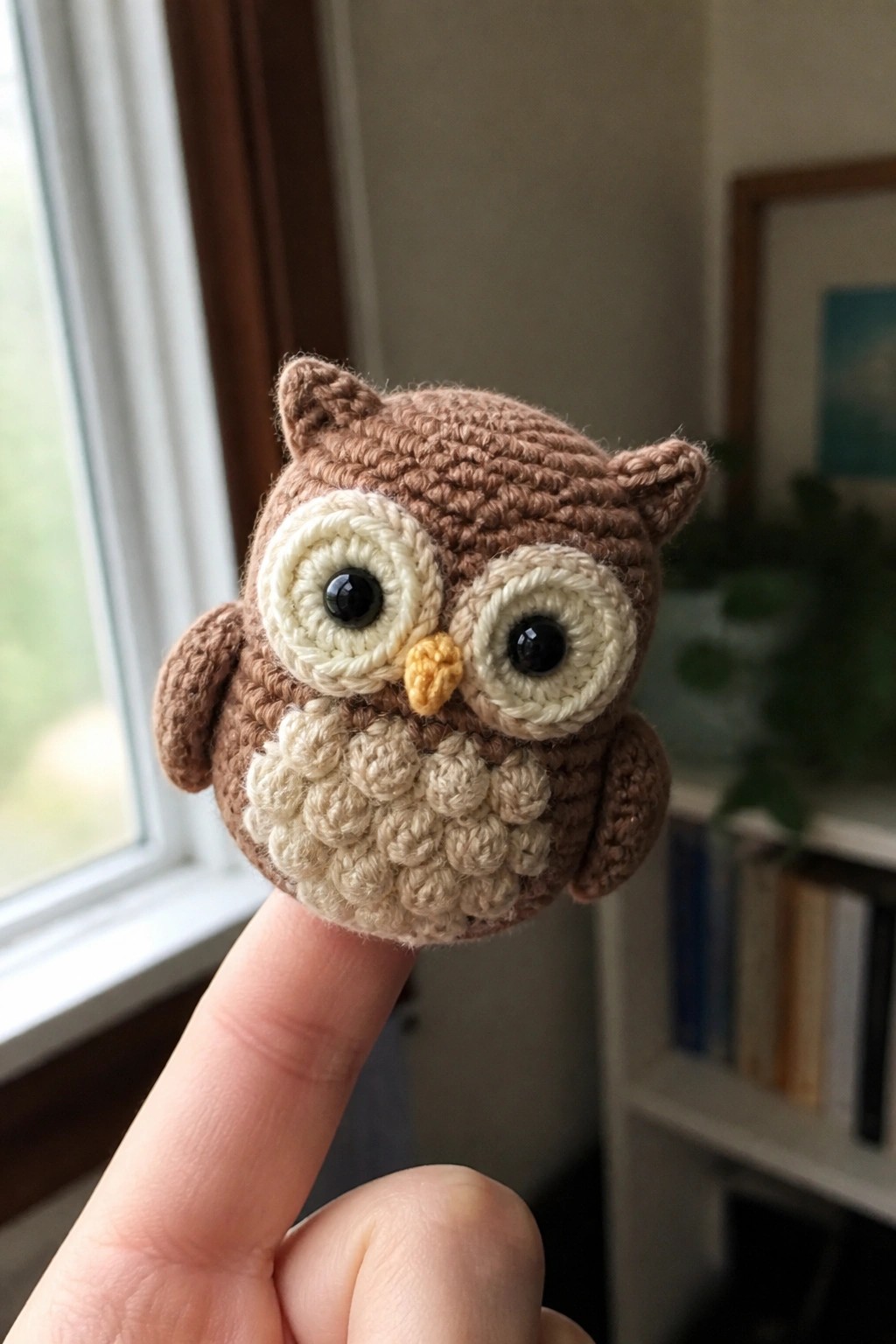 A small brown crocheted owl with large beige eyes and a yellow beak rests on a fingertip.