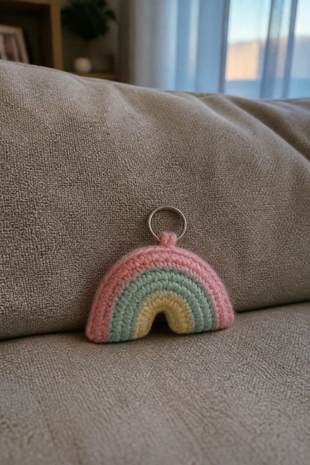 Crocheted pastel rainbow keychain with metal ring on beige couch cushion