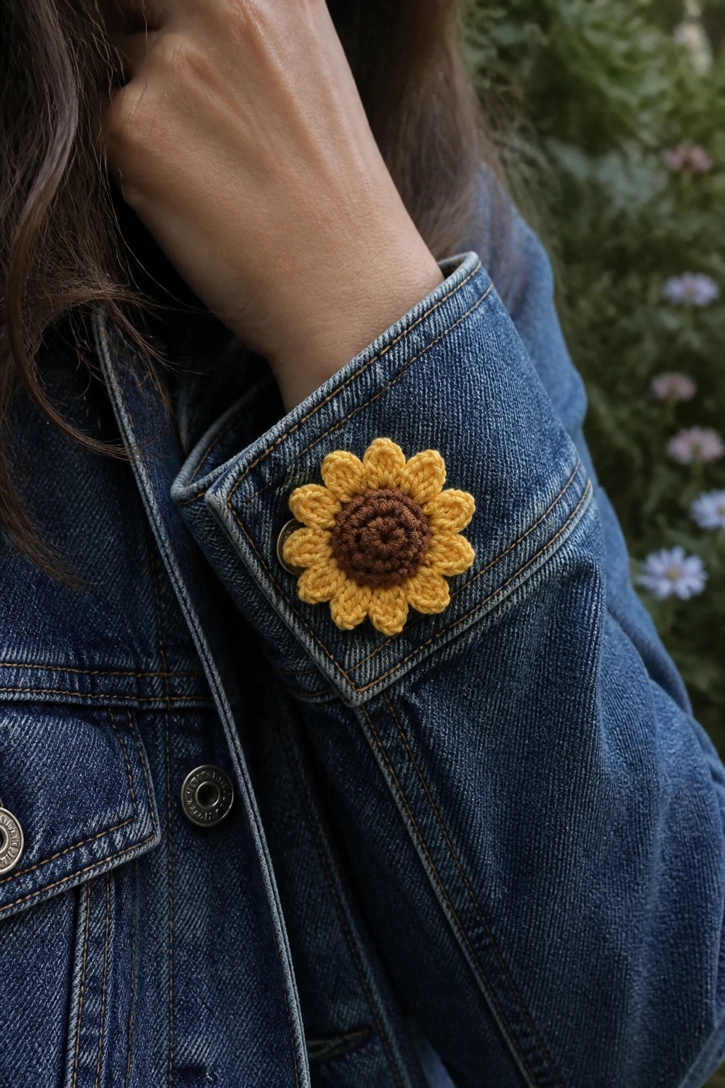 Blue denim jacket with yellow crocheted sunflower pin on collar