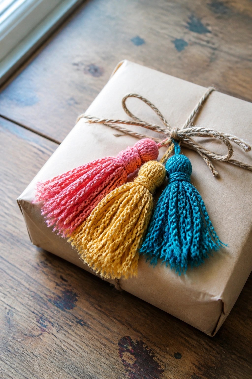 Brown paper gift box with pink, yellow, and teal tassels on wood table
