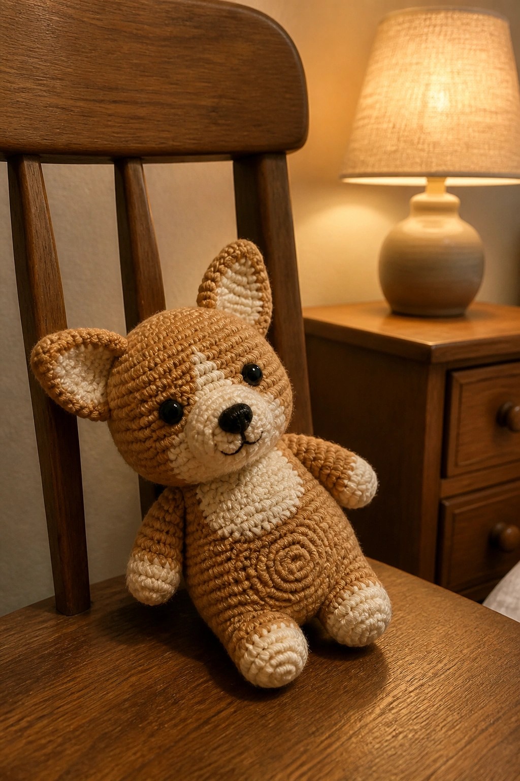 Crocheted brown and white teddy bear sits on wooden chair near lamp.