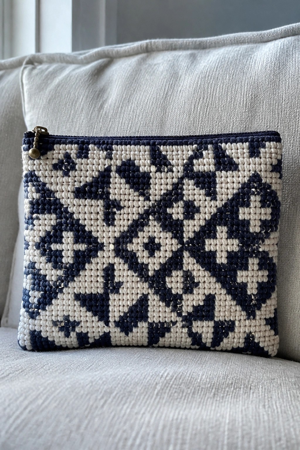 Navy and white patterned zippered pouch on light fabric cushion.
