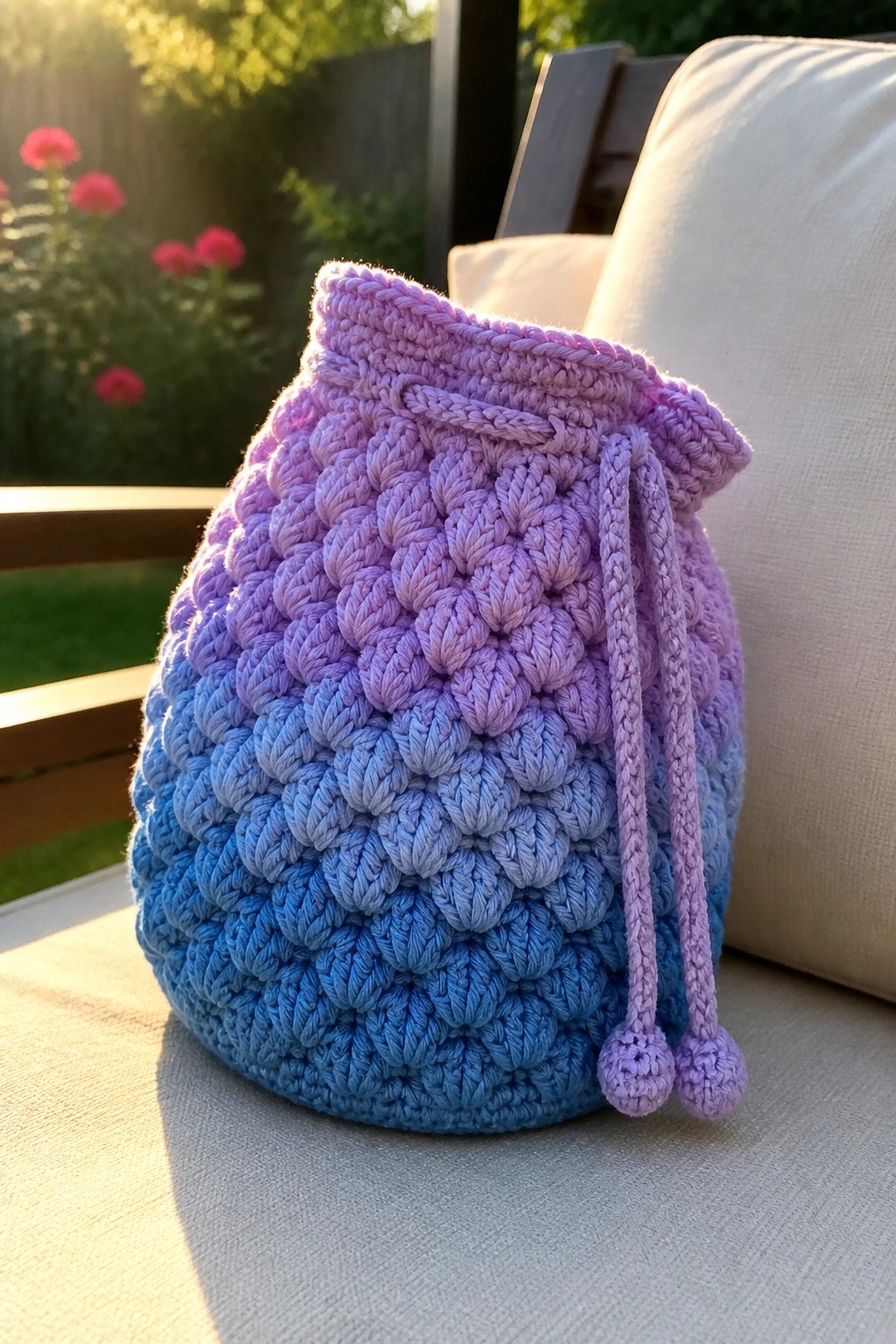 Gradient blue-purple crocheted drawstring bag with pom-poms on white cushion outdoors