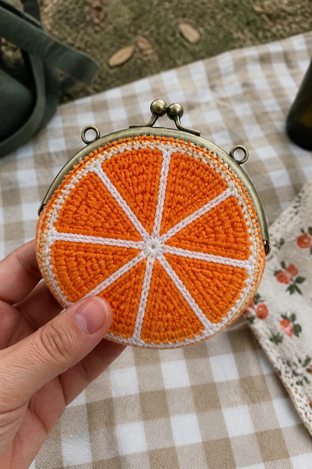 Hand holding orange-slice embroidered coin purse with metal clasp on gingham blanket
