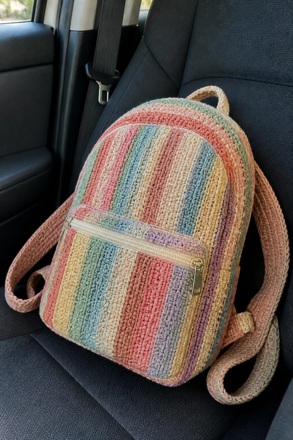Pastel striped crocheted backpack with zippered pocket on black car seat