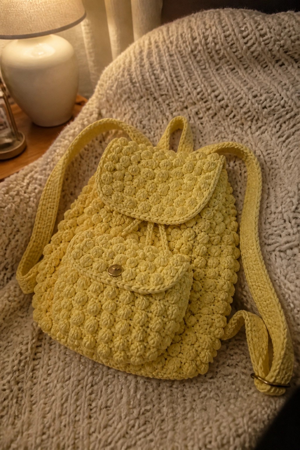 Yellow crocheted bobble backpack with front pocket on white knit blanket
