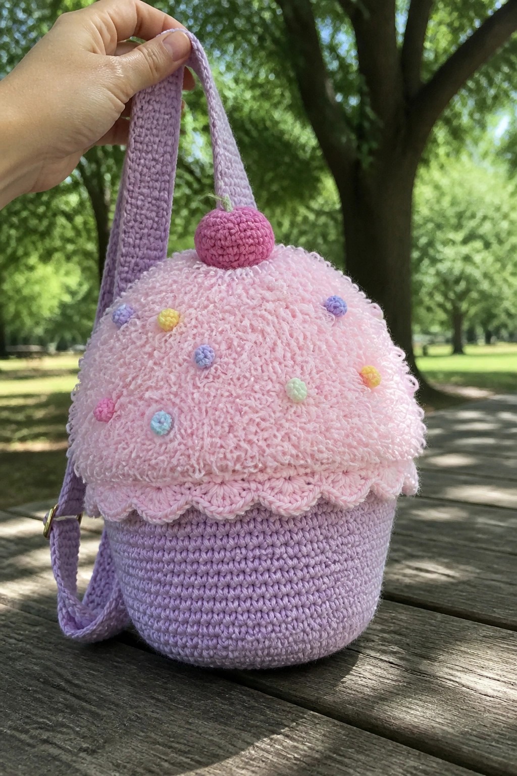 Hand holding purple strap of pink crocheted cupcake bag with cherry and sprinkles.