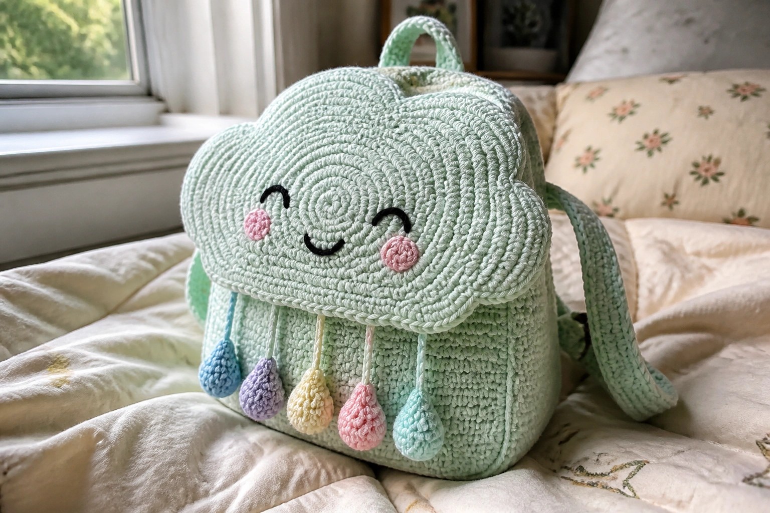 Mint green crocheted cloud backpack with smiling face and colorful hanging pom-poms on quilted bed