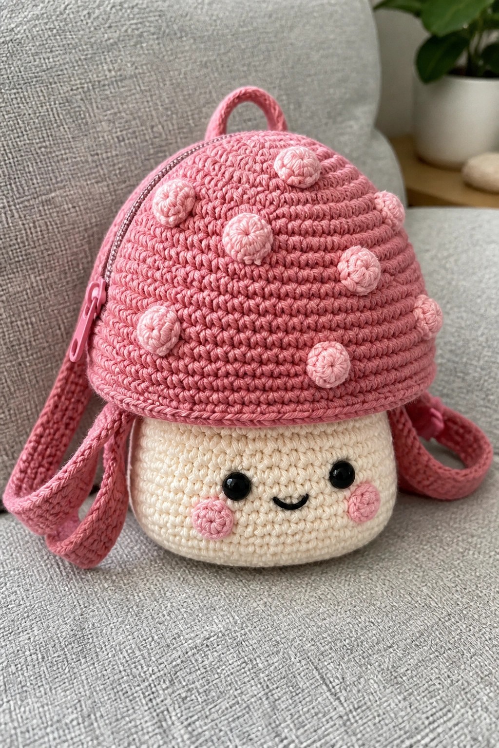 Pink crocheted mushroom backpack with smiling face, dots, and straps on gray couch