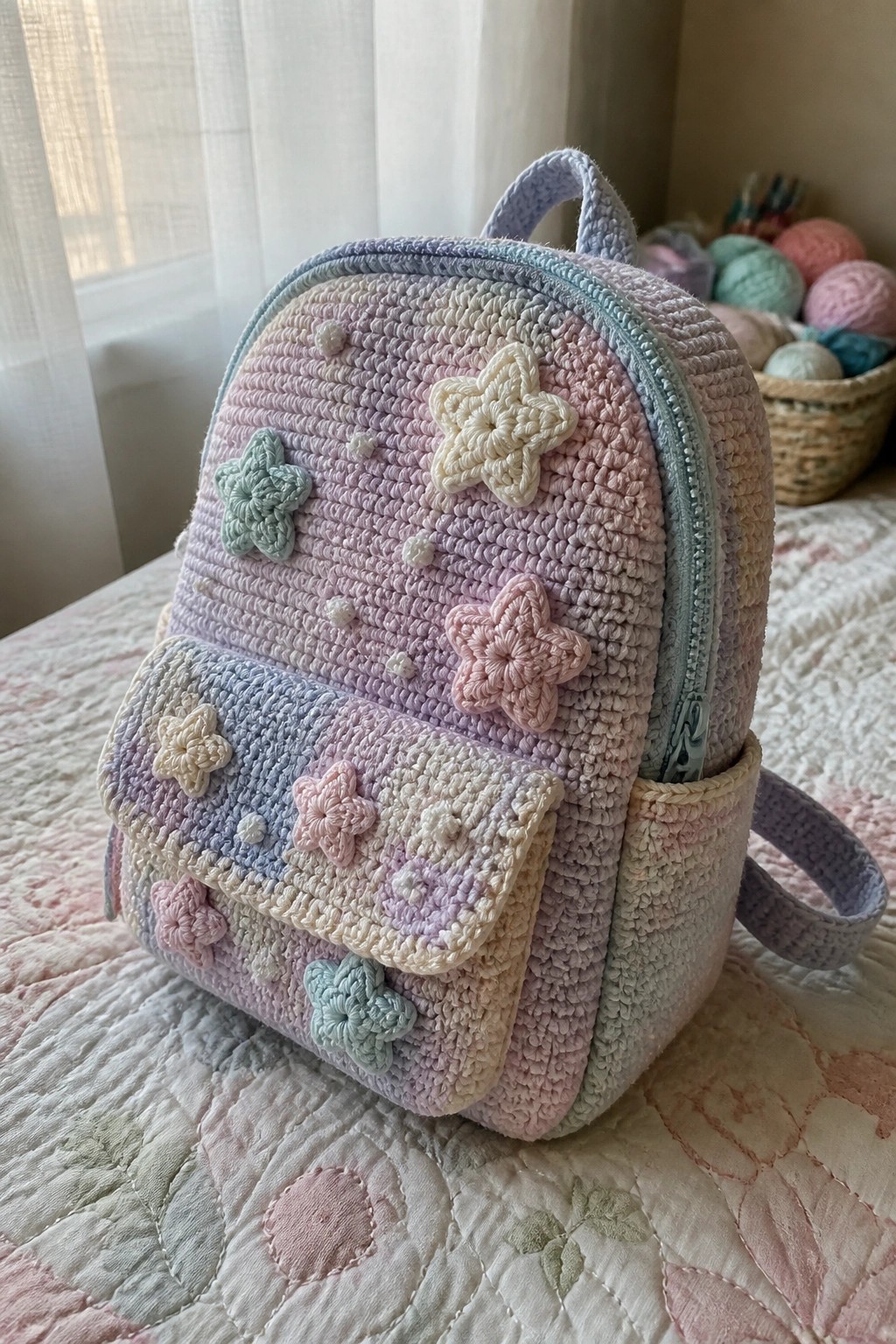 Pastel crocheted backpack with star appliques on a quilted bed