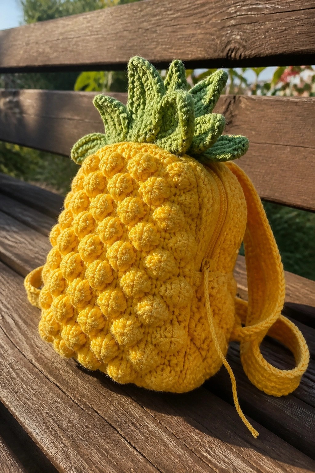 Crocheted yellow pineapple backpack with green leaves on wooden bench