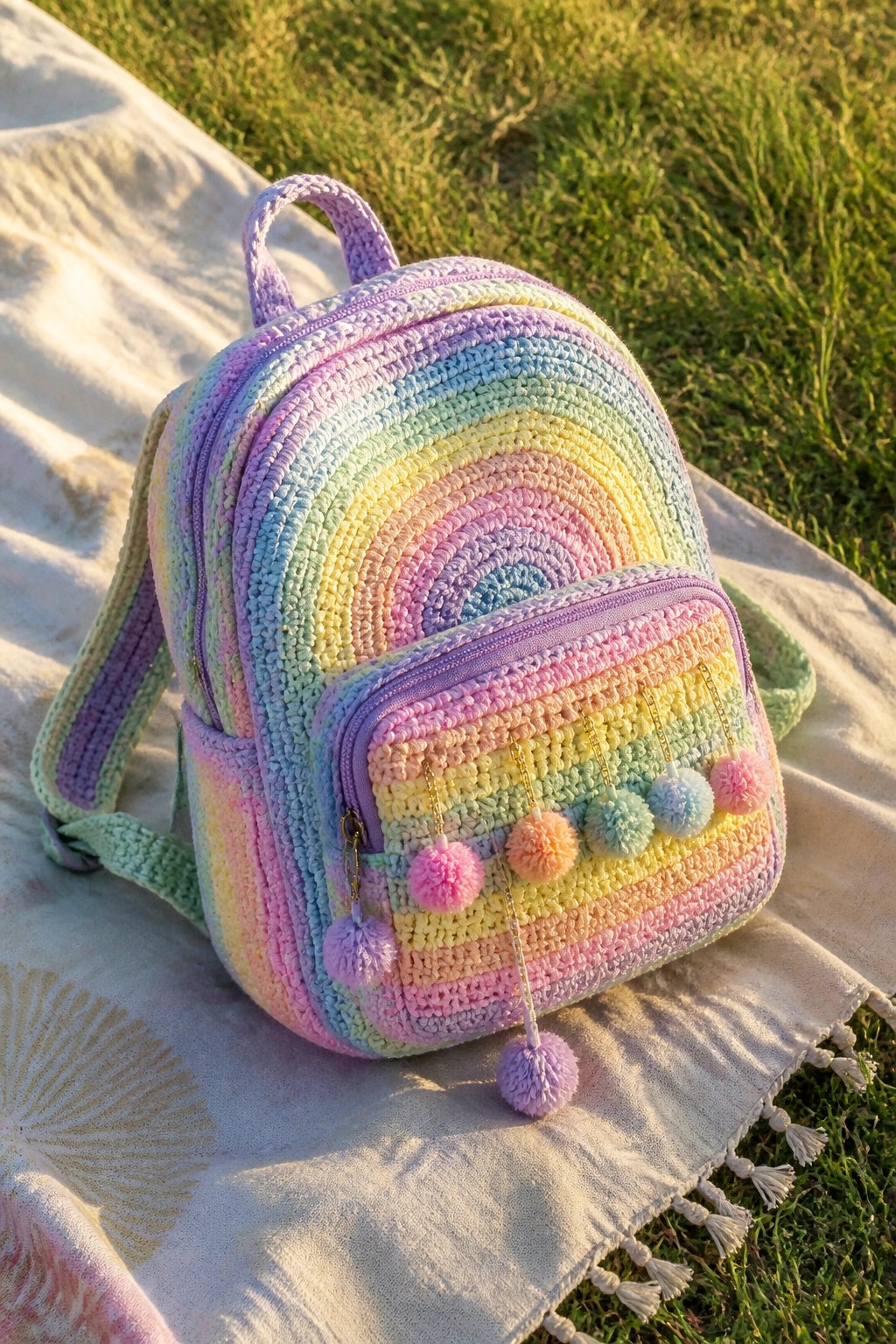 Rainbow crocheted backpack with pom-poms on white blanket over grass.