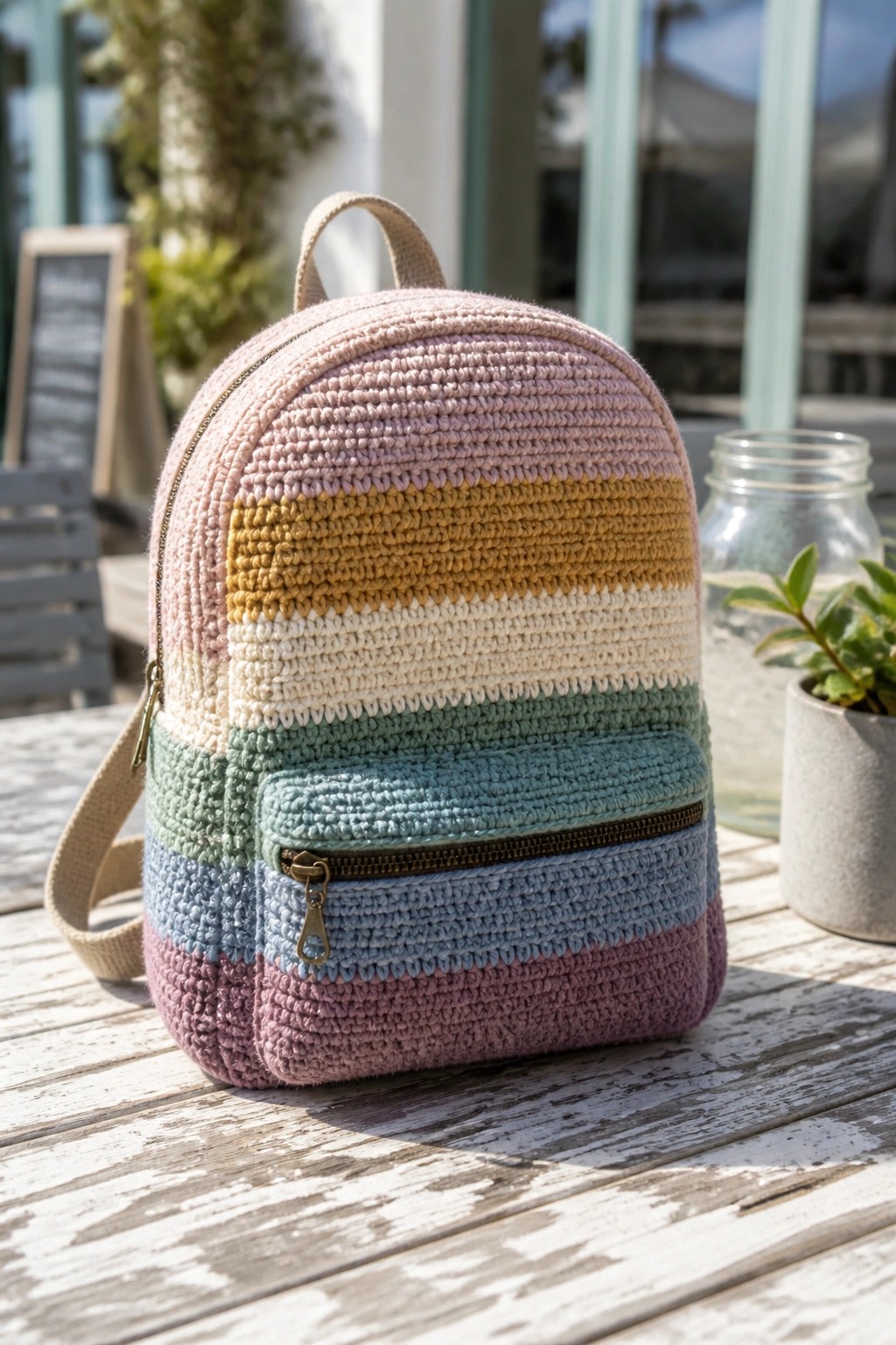 Pastel striped crocheted backpack with zippered pocket on wooden table