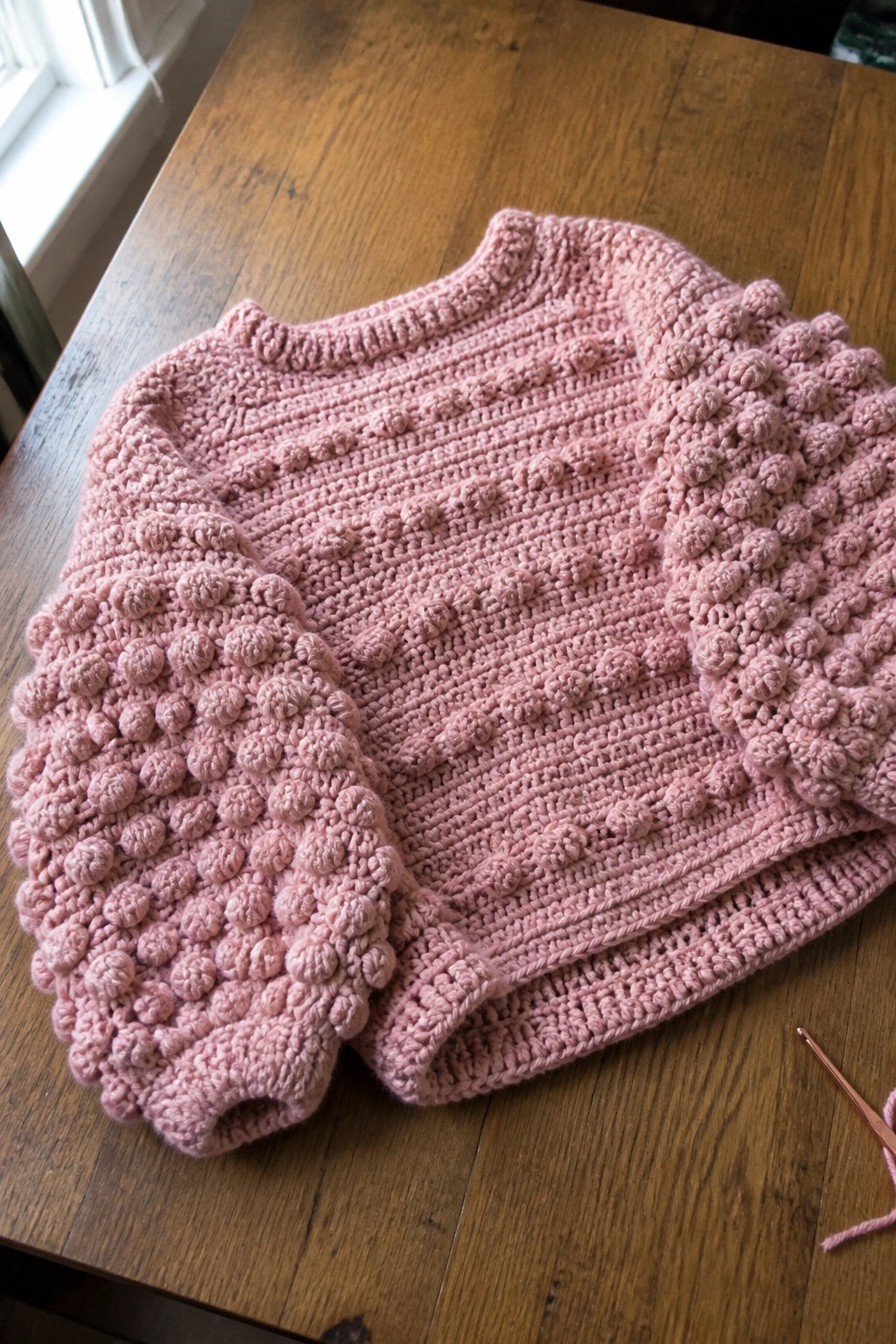Pink bobble-stitch crochet sweater on wooden table beside hook.