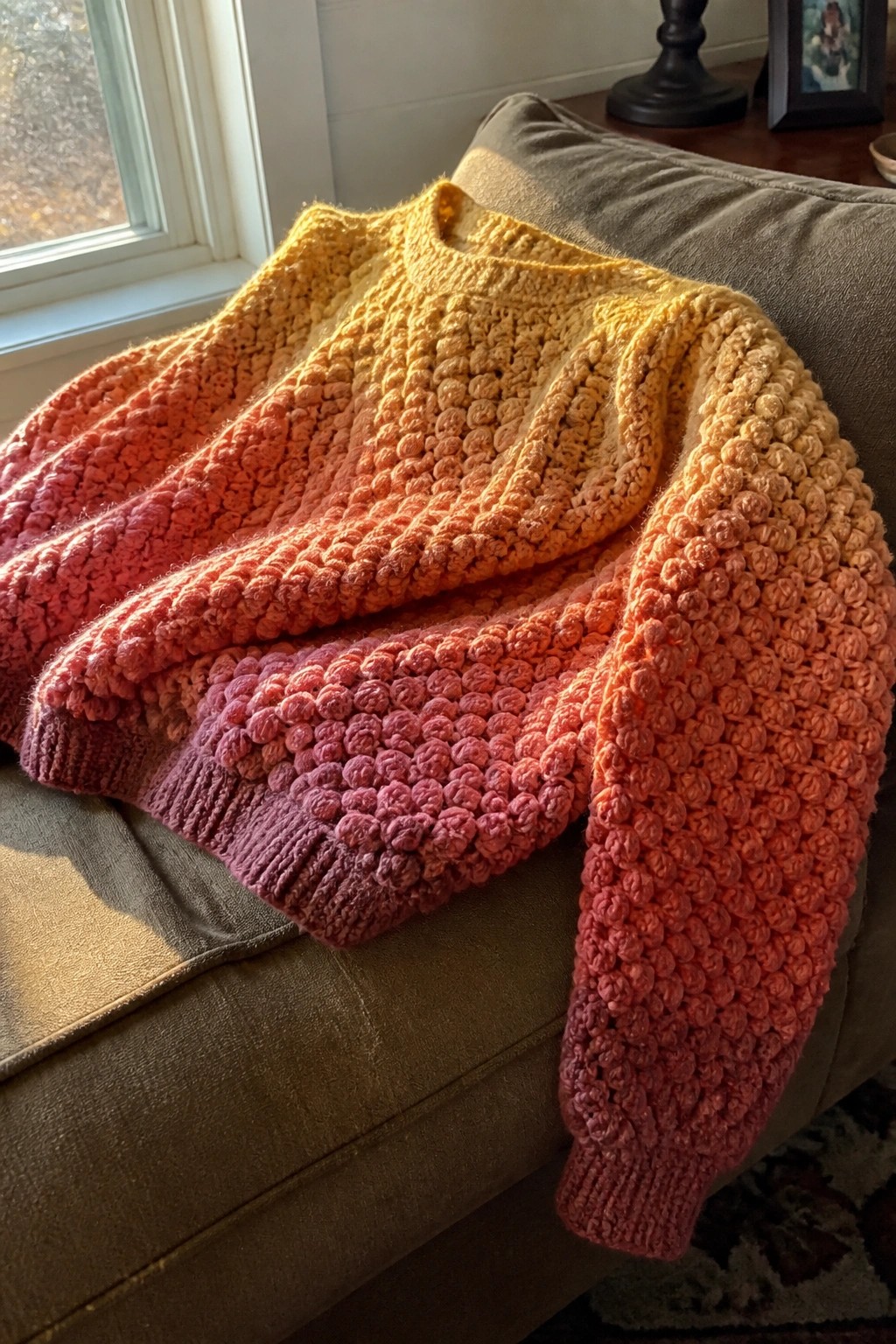 Chunky gradient knit sweater from yellow to pink draped on a brown couch.