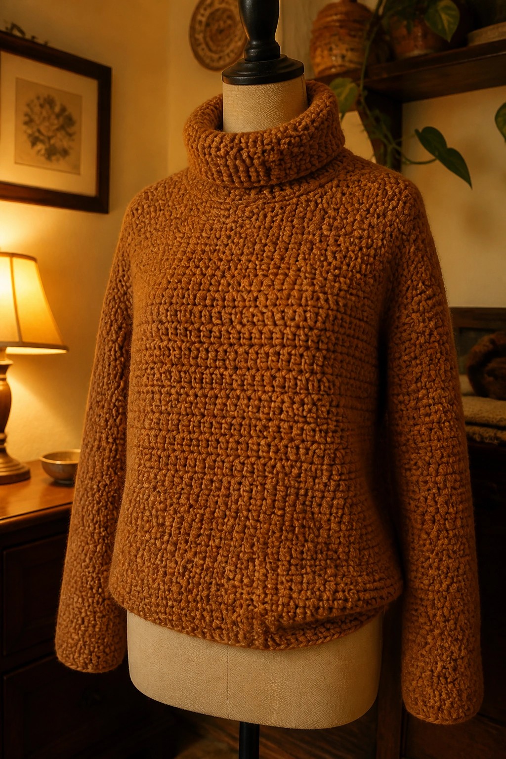 Chunky mustard-brown turtleneck sweater on a mannequin in a cozy room.