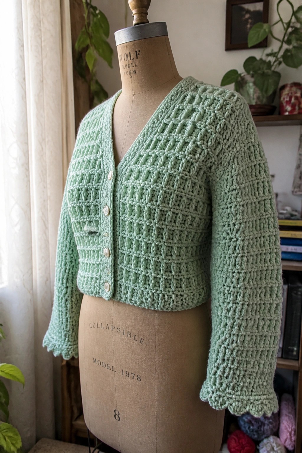 Mint green crocheted cardigan on a vintage Wolf model form mannequin