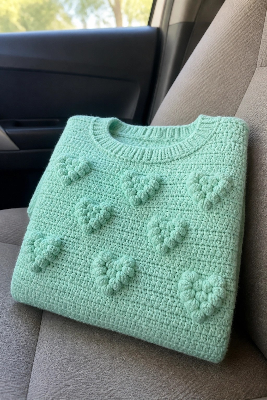 Mint green crocheted sweater with heart patterns on car seat.